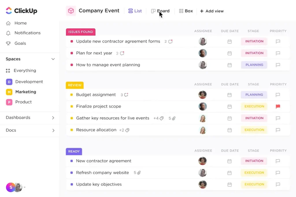 Clickup project management view by hust pilot.