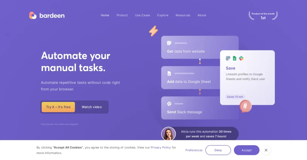 Bardeen website home page by Hustpilot.com