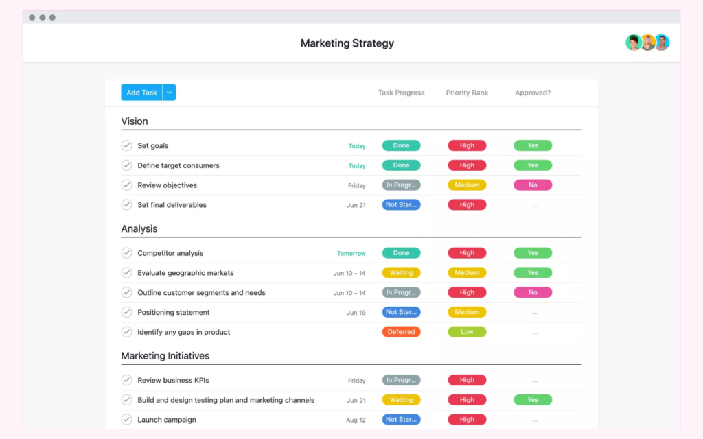 Asana Project management board by Hustpilot.