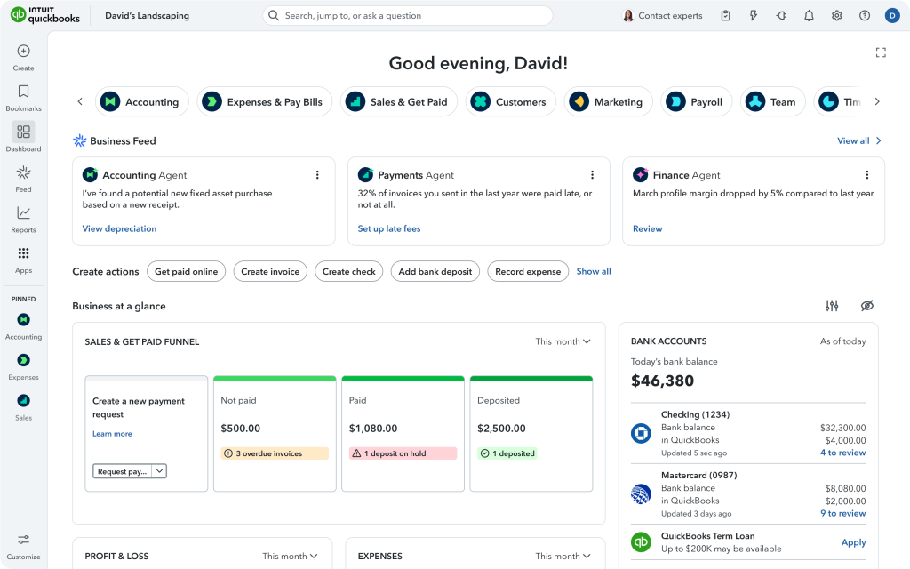 image of Quickbooks dashboard..