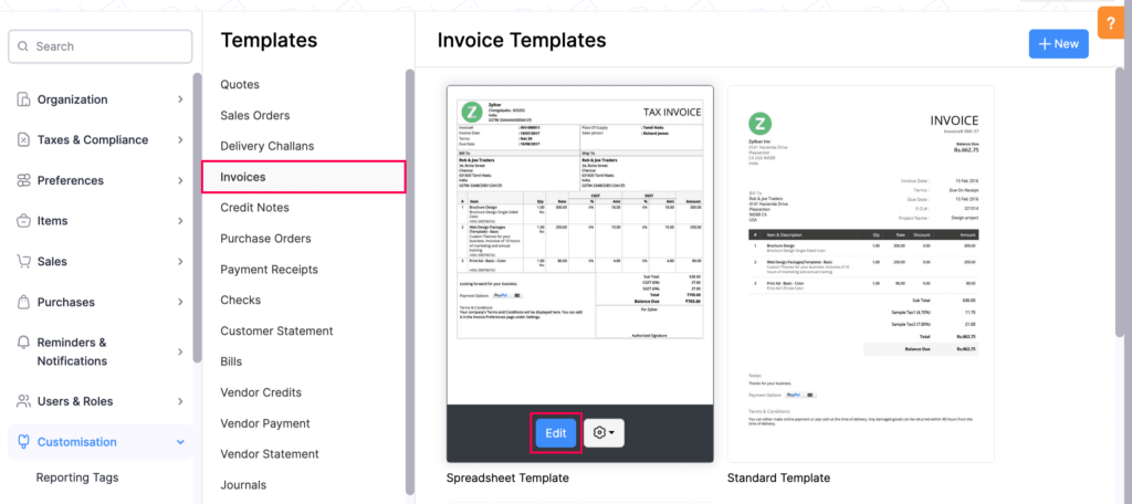 image of Zoho books custom invoice creation.