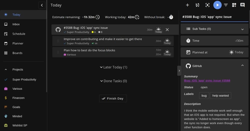 Super Productivity app layout by Hustpilot