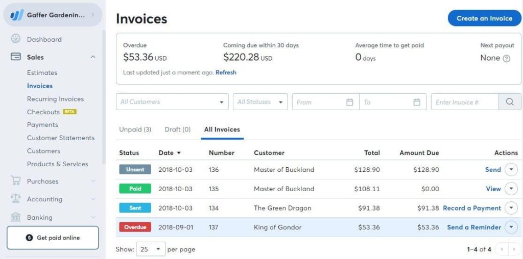Invoice tab of wave accounting app.